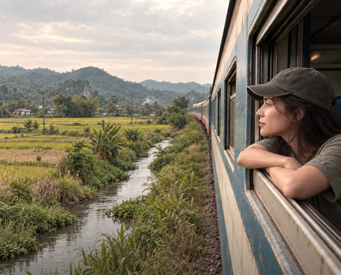 Traveller looking out of a train window over rice paddies in Vietnam