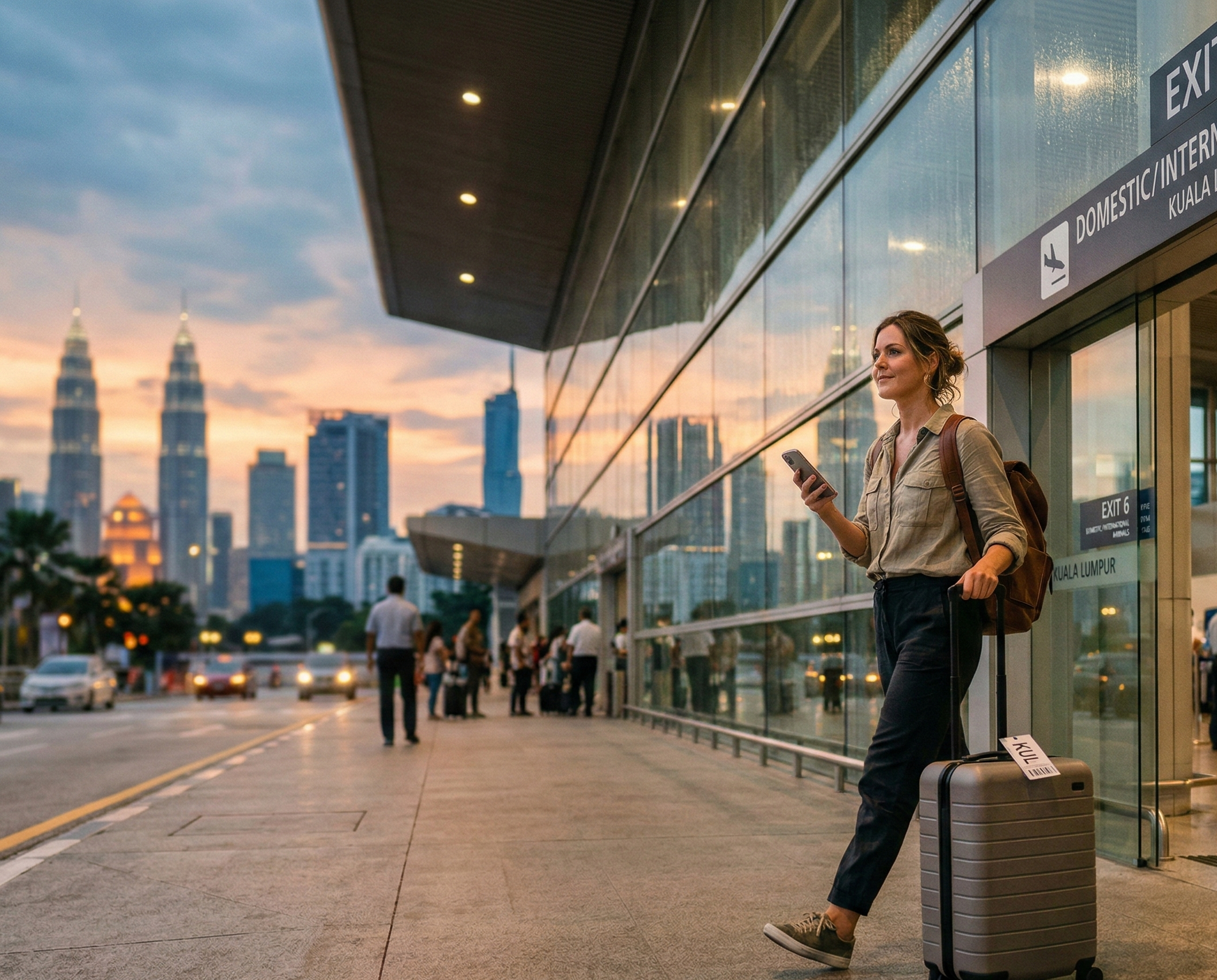 Traveler arriving in Kuala Lumpur airport for travel in Malaysia, Thailand and Singapore