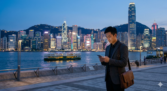 Traveler using mobile data on smartphone while exploring Hong Kong