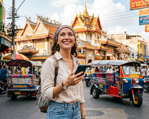 Woman using eSIM in Thailand