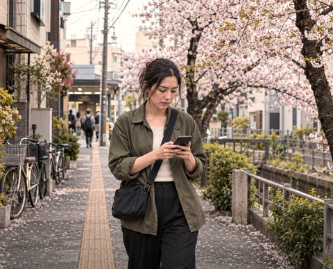 Traveller using a phone on a cherry blossom street in Japan