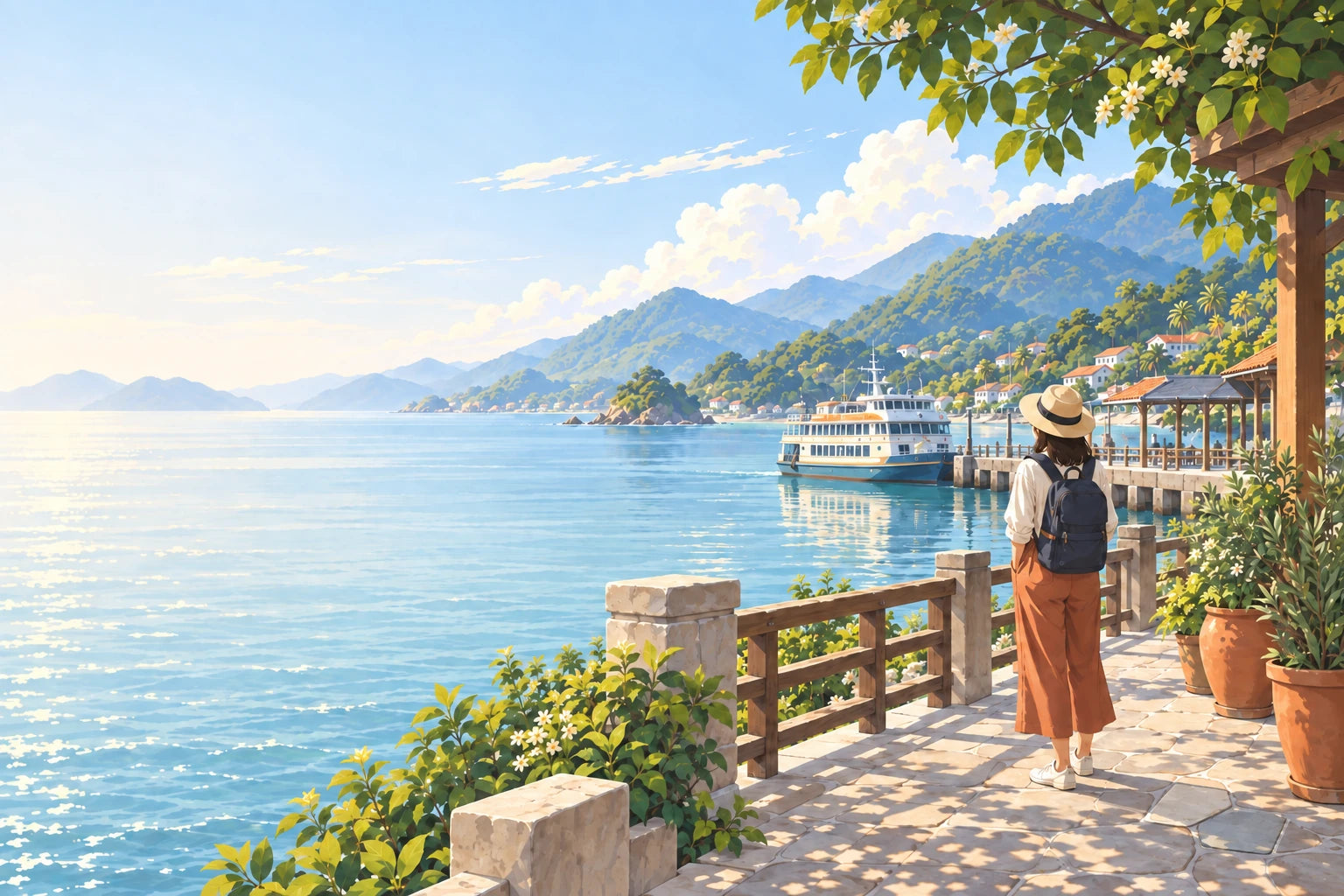 A traveller overlooking a coastal ferry harbour.