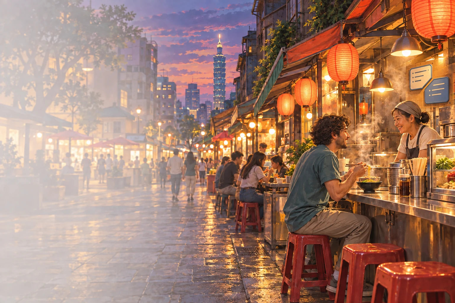 A traveller enjoying food at a lantern-lit Taipei street stall at dusk.