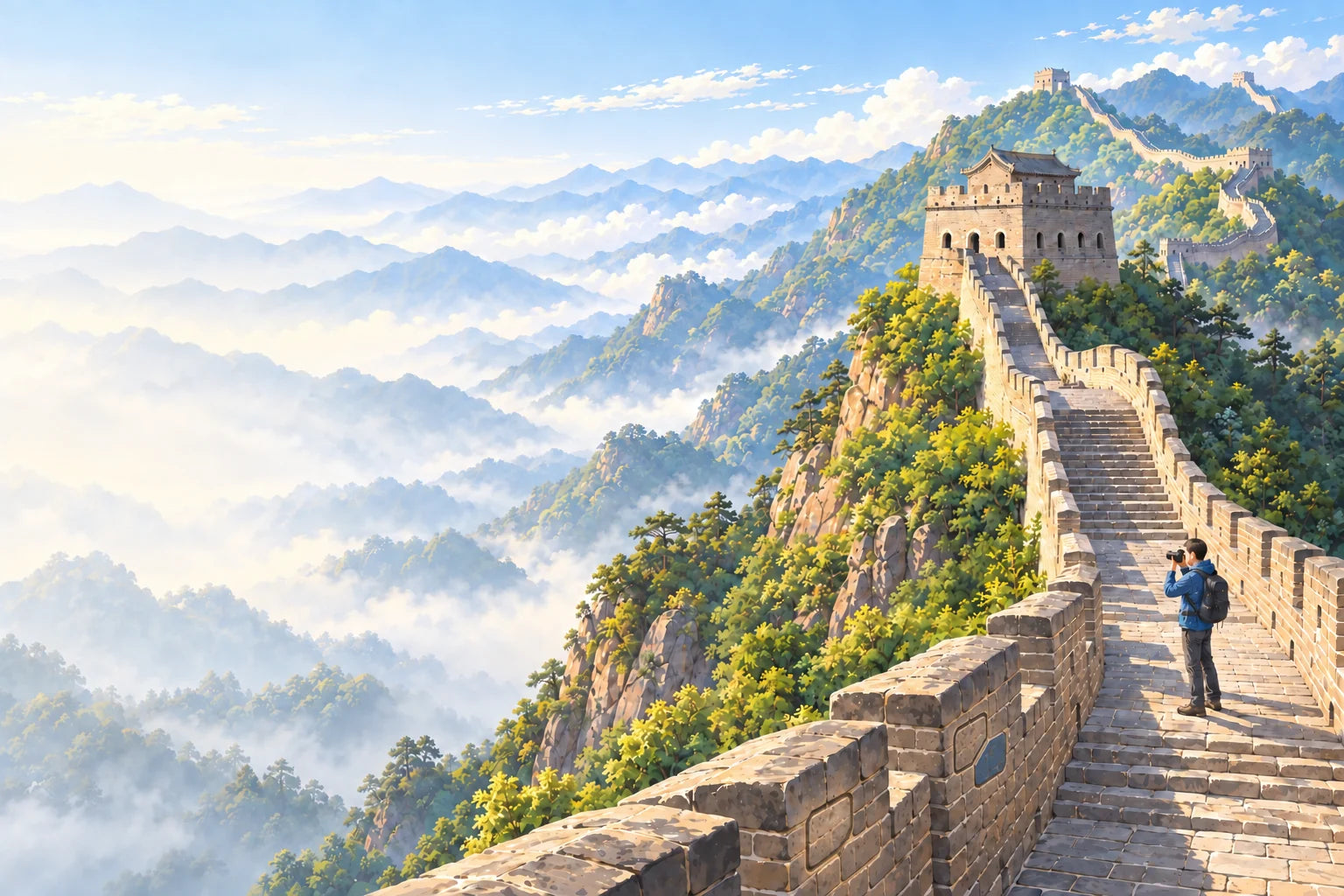 The Great Wall of China winding over green mountain ridges.