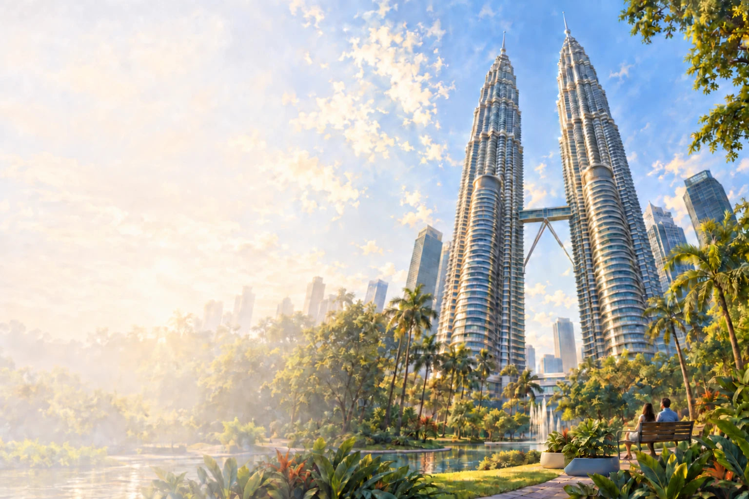 The Petronas Twin Towers and skybridge rising above KLCC Park.