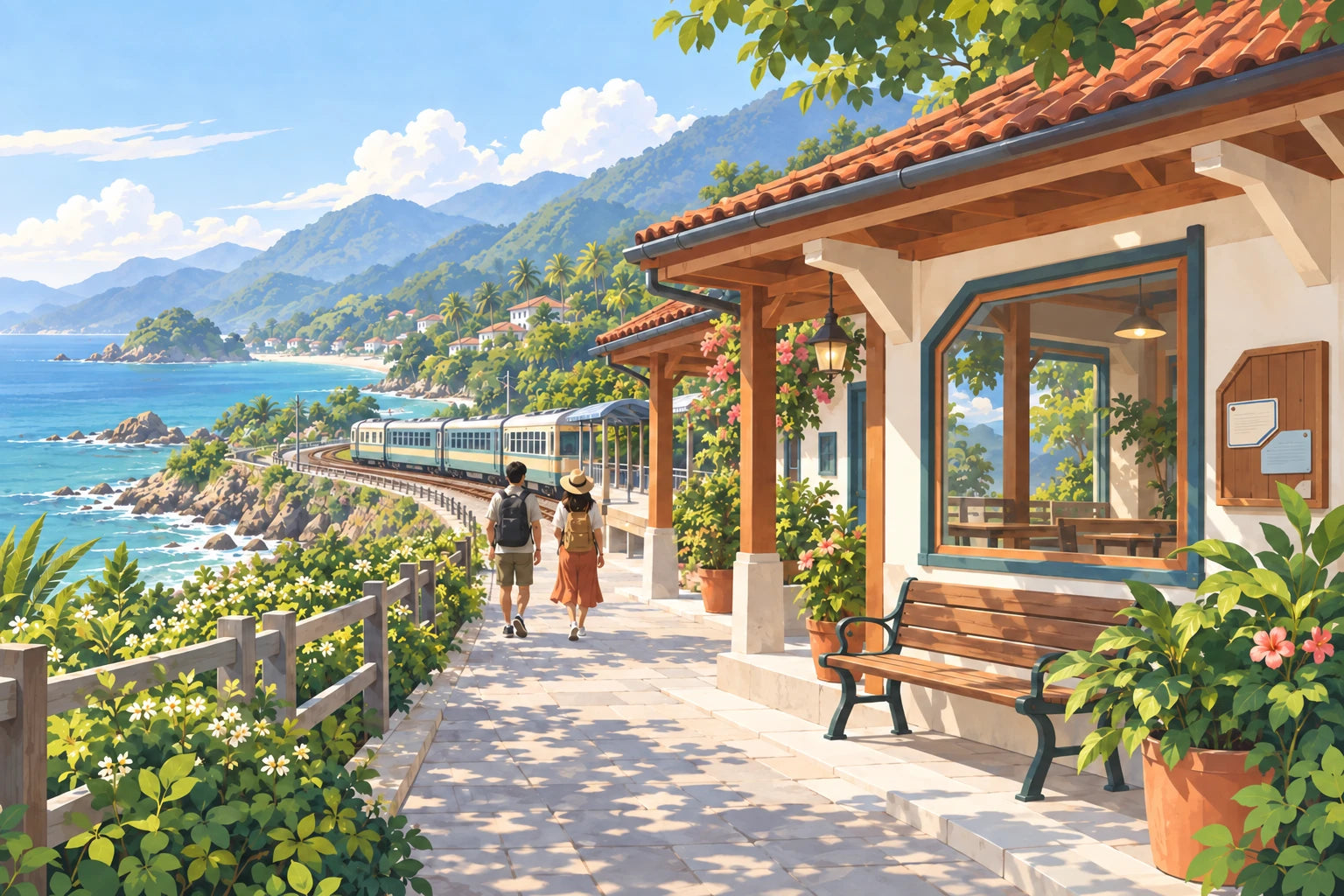 Travellers following a sunlit coastal path beside a small railway station.